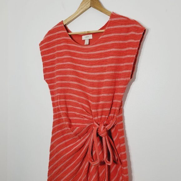 Loft Knit Mini Dress Cap Sleeve Side Tie Waist Orange Stripe Casual Scoop Neck - Picture 2 of 11